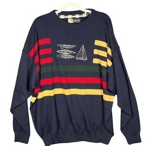 State of Art Sweater Mens XL Navy Blue Merino Wool Nautical Sailboat Striped